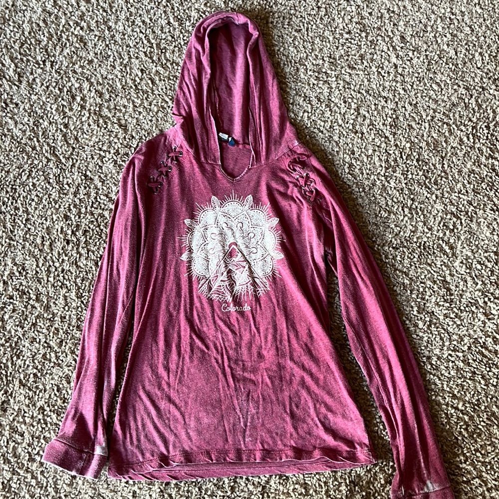Long sleeve T-shirt with hood. Size small pink and white